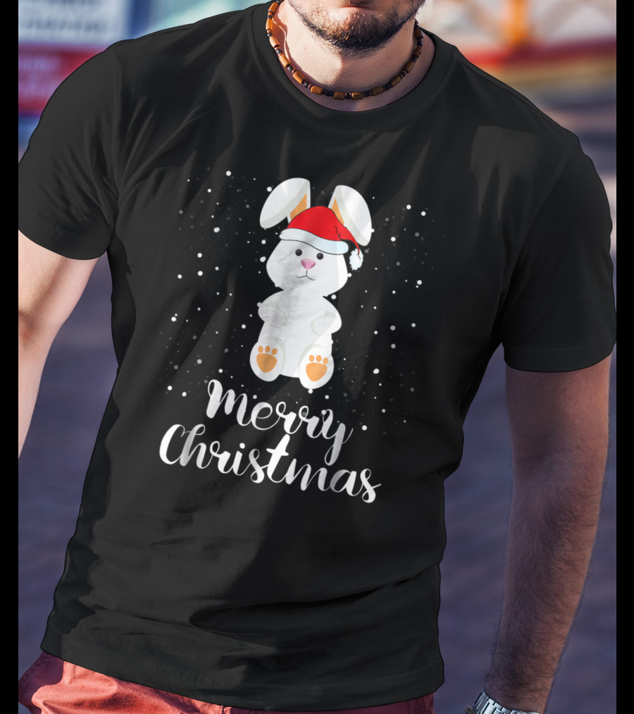 Merry Christmas Rabbit Funny Santa Hat Matching Family Group T-Shirt