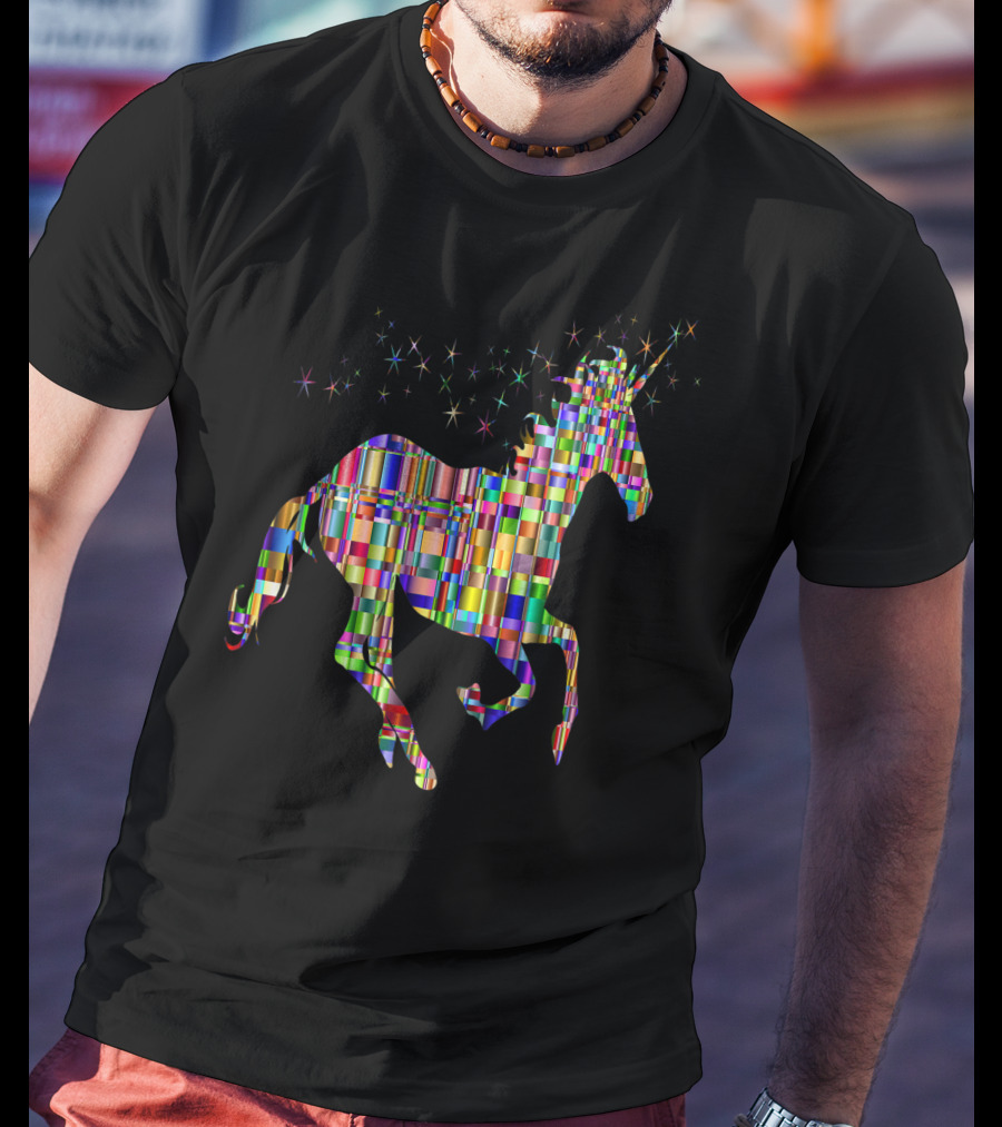 Riding Unicorn Rawr Sparkling Rainbow Stripes T-Shirt