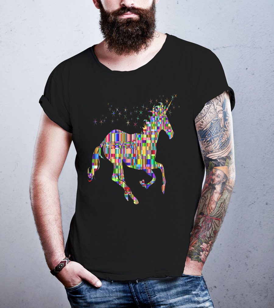 Riding Unicorn Rawr Sparkling Rainbow Stripes T-Shirt