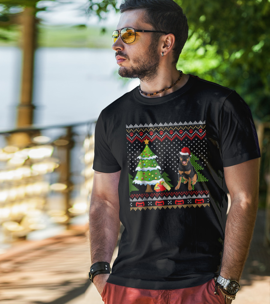 Rottweiler Santa Christmas Ugly Dog Sweater Tree And Gifts T-Shirt