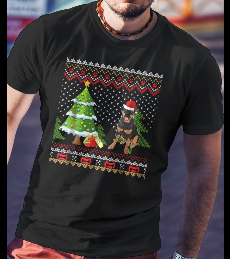 Rottweiler Santa Christmas Ugly Dog Sweater Tree And Gifts T-Shirt