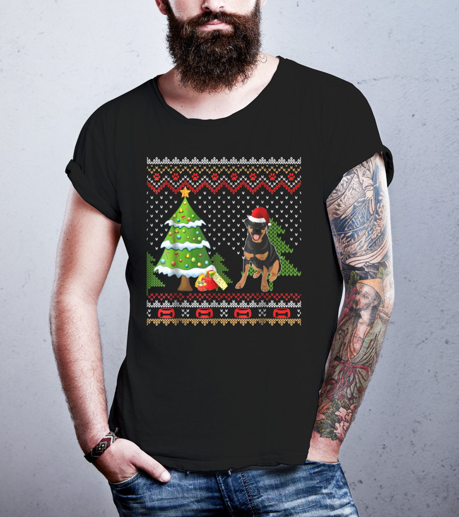 Rottweiler Santa Christmas Ugly Dog Sweater Tree And Gifts T-Shirt