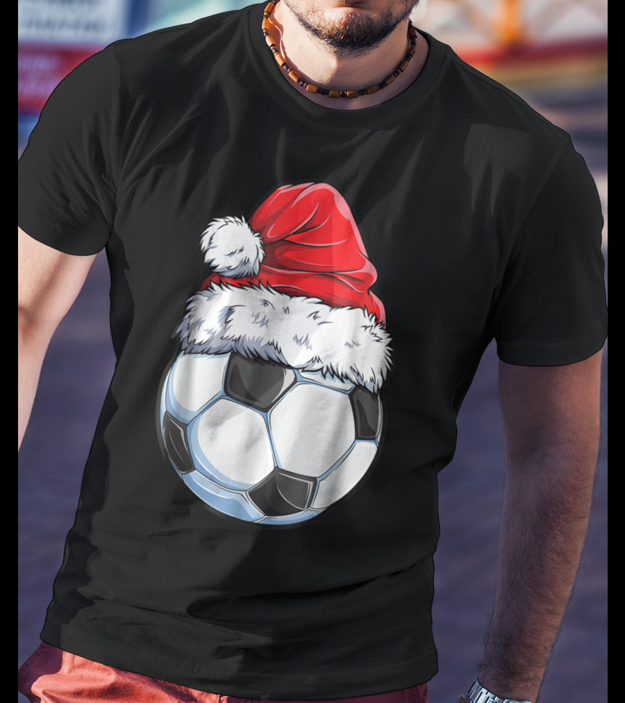 Santa Hat On Soccer Ball Christmas Xmas T-Shirt