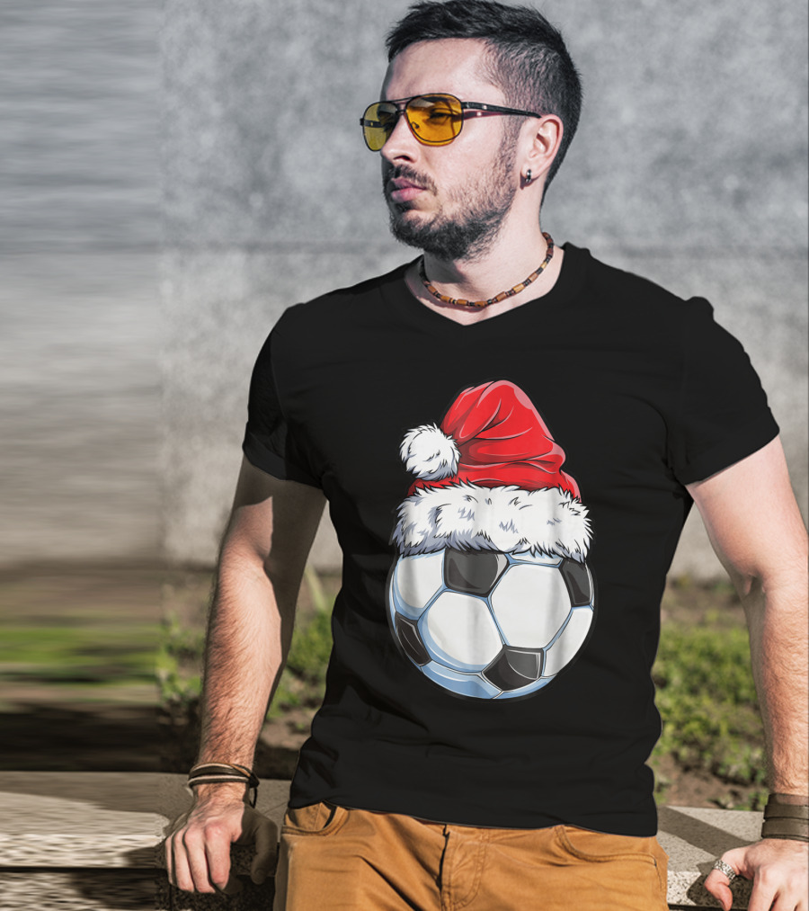Santa Hat On Soccer Ball Christmas Xmas T-Shirt