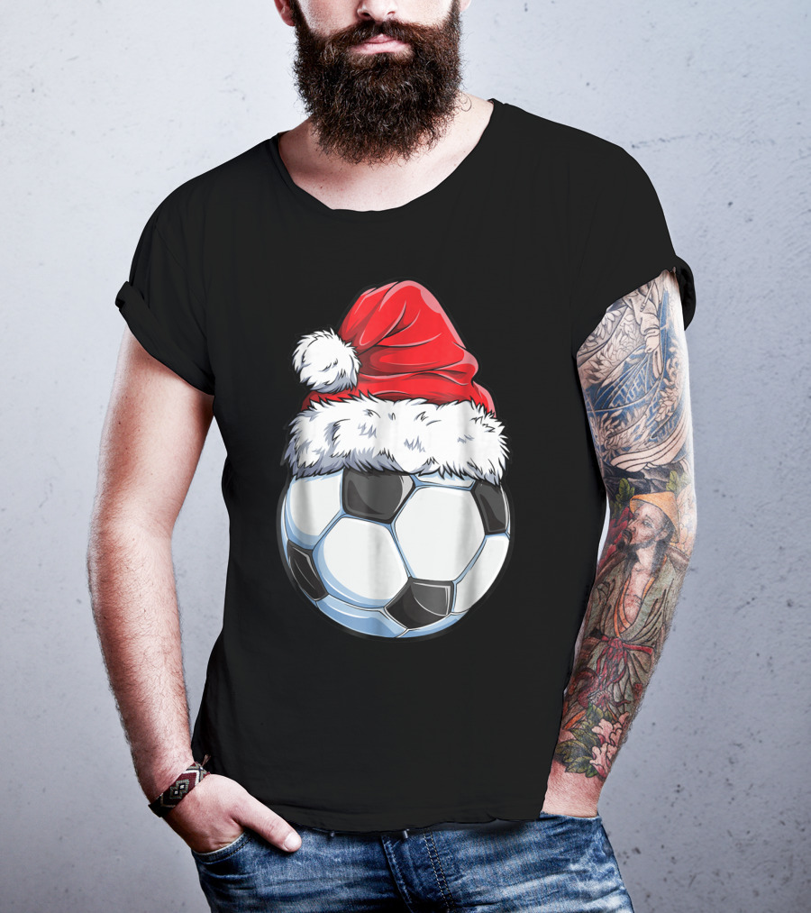 Santa Hat On Soccer Ball Christmas Xmas T-Shirt