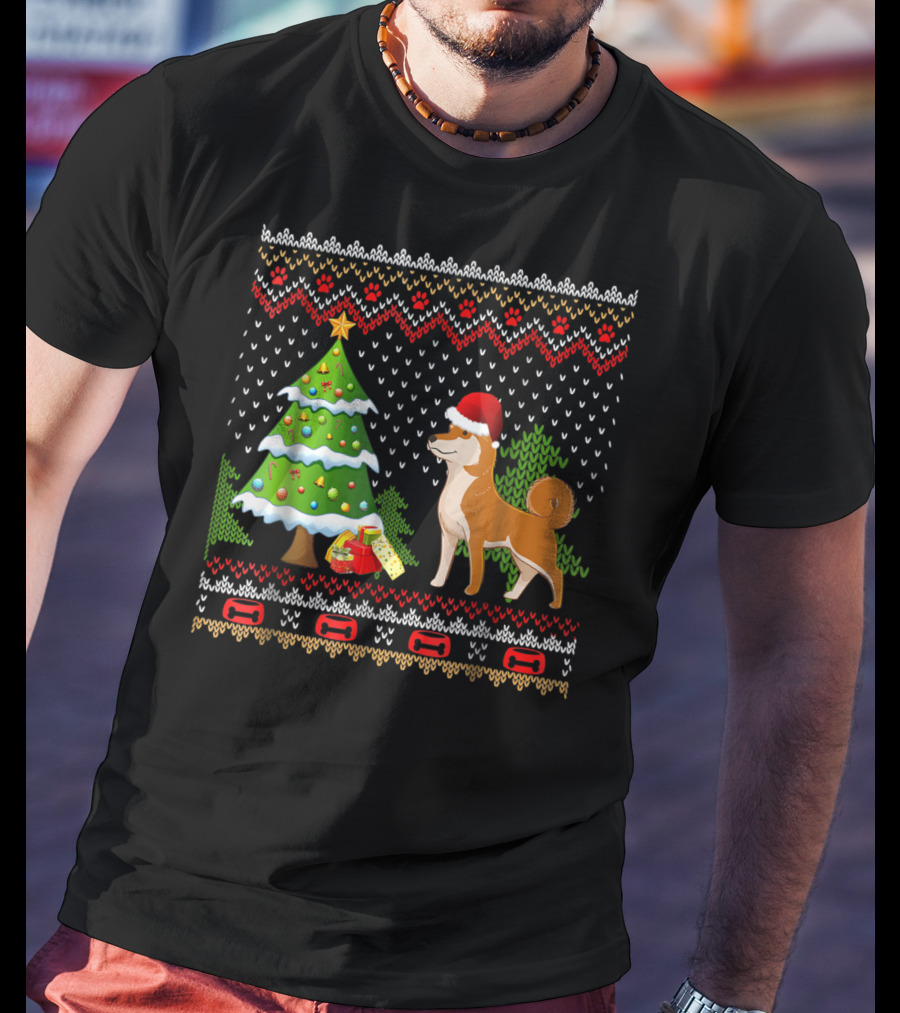 Shiba Inu Santa Christmas Tree Presents UglyDog T-Shirt