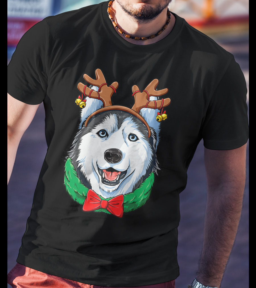 Siberian Husky With Christmas Reindeer Antlers And Festive Bow T-Shirt