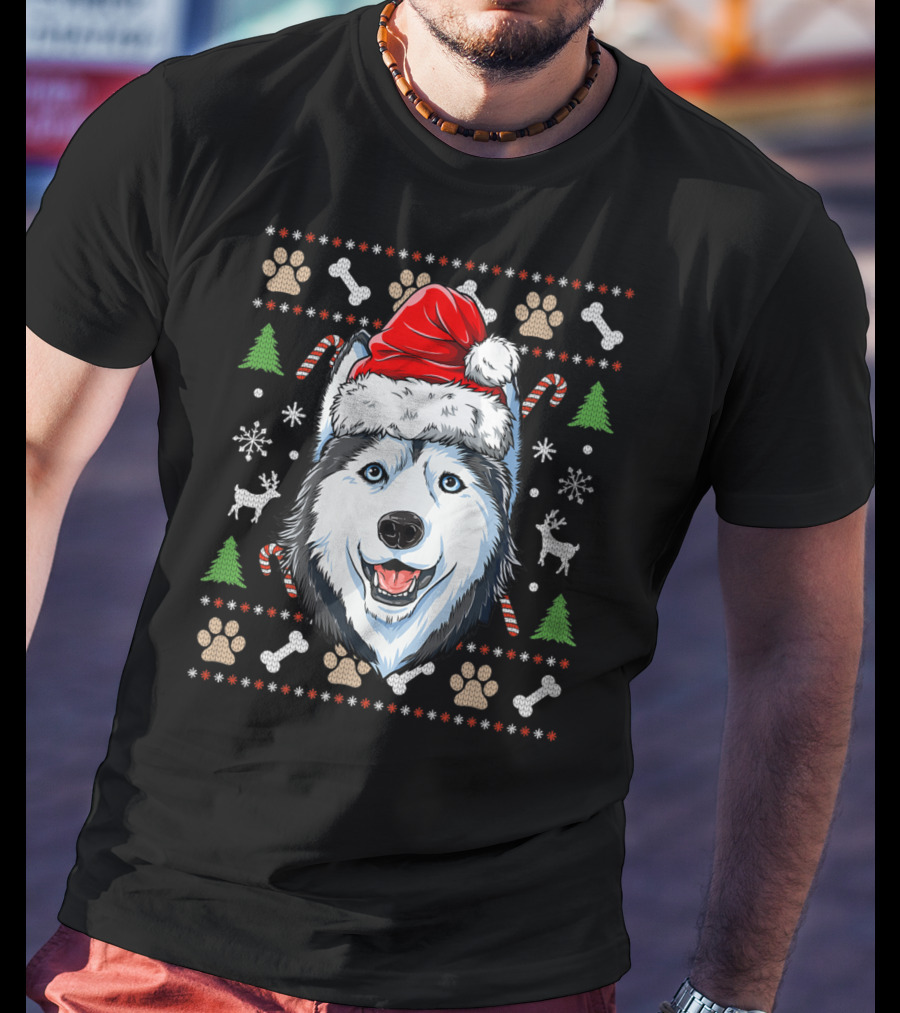 Siberian Husky Santa Hat Snowflakes Candy Canes Christmas Paw Prints T-Shirt