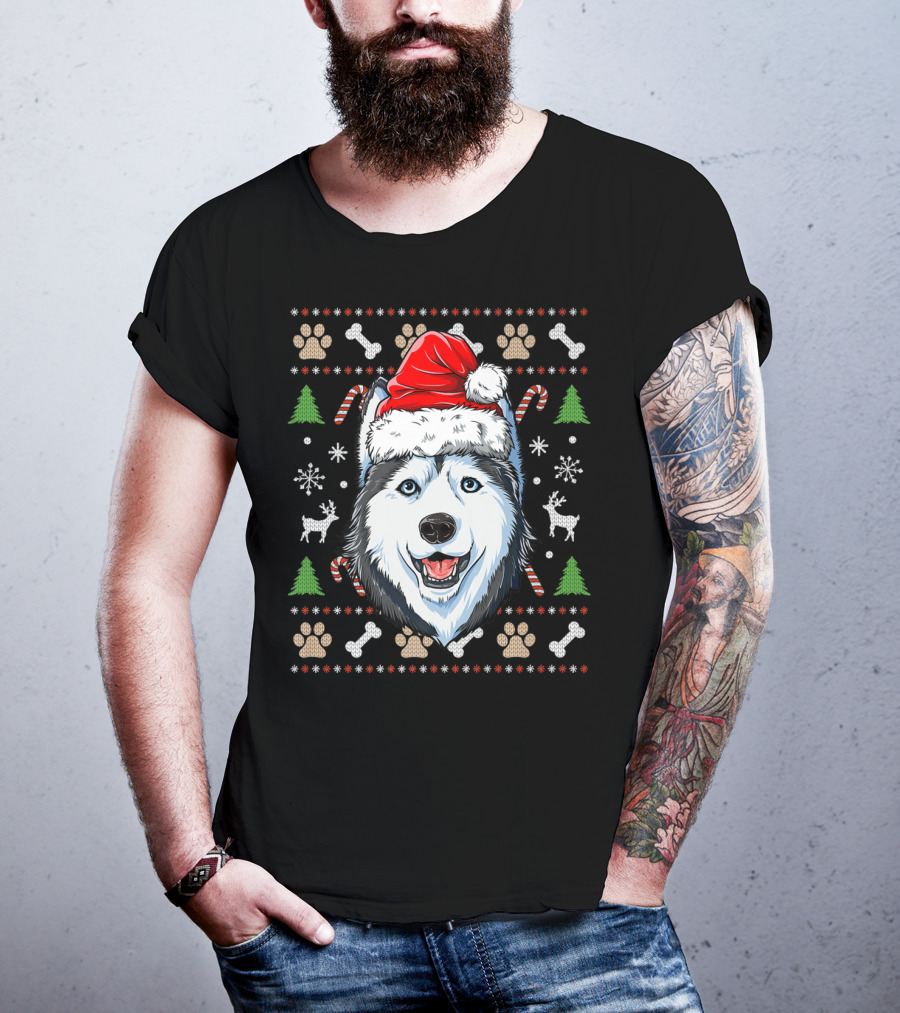Siberian Husky Santa Hat Snowflakes Candy Canes Christmas Paw Prints T-Shirt