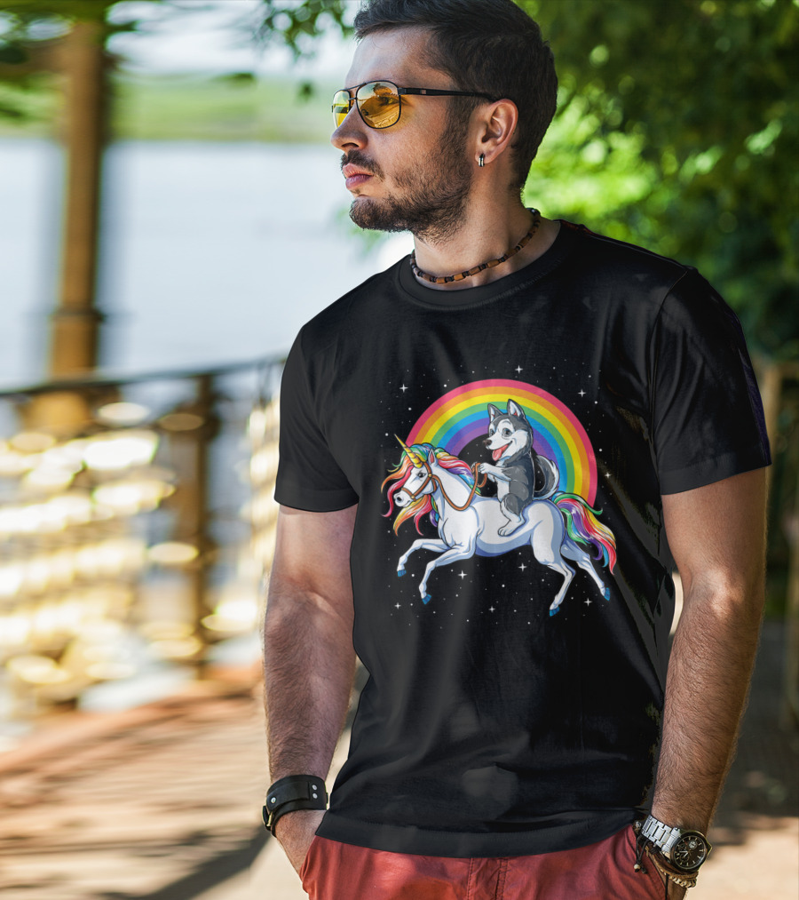Siberian Husky Riding Rainbow Unicorn In Space Galaxy MK Women's T-Shirt