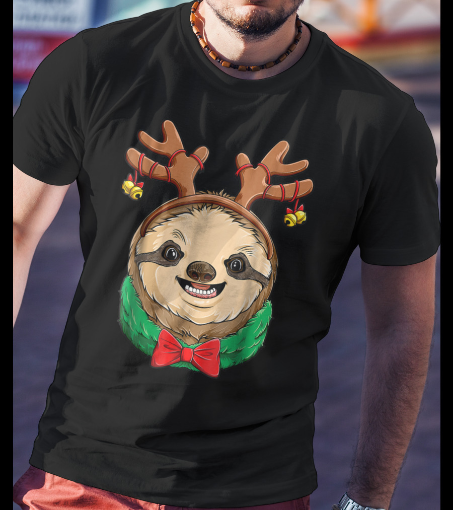Sloth Christmas Reindeer Antlers Slothmas Xmas Festive Bow And Bells T-Shirt