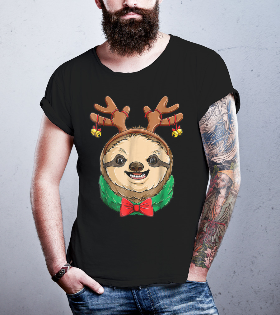 Sloth Christmas Reindeer Antlers Slothmas Xmas Festive Bow And Bells T-Shirt