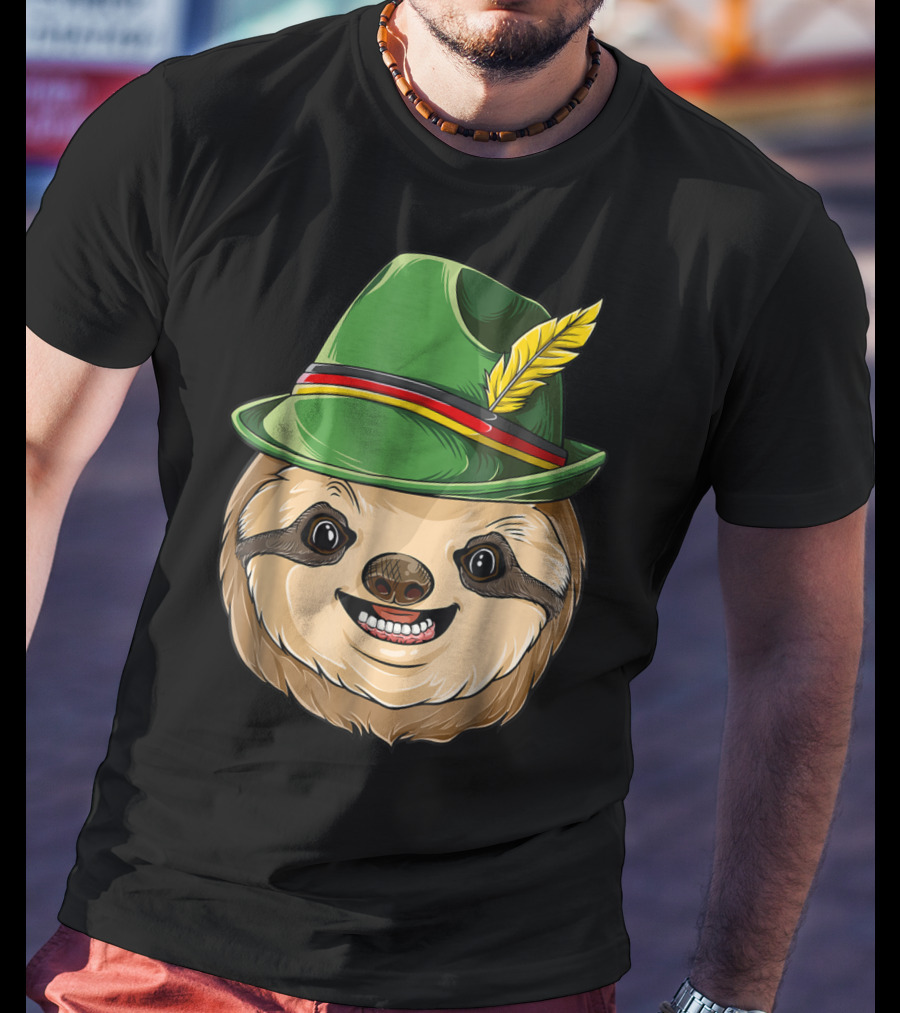Sloth Oktoberfest Lederhosen Hat With Feather T-Shirt