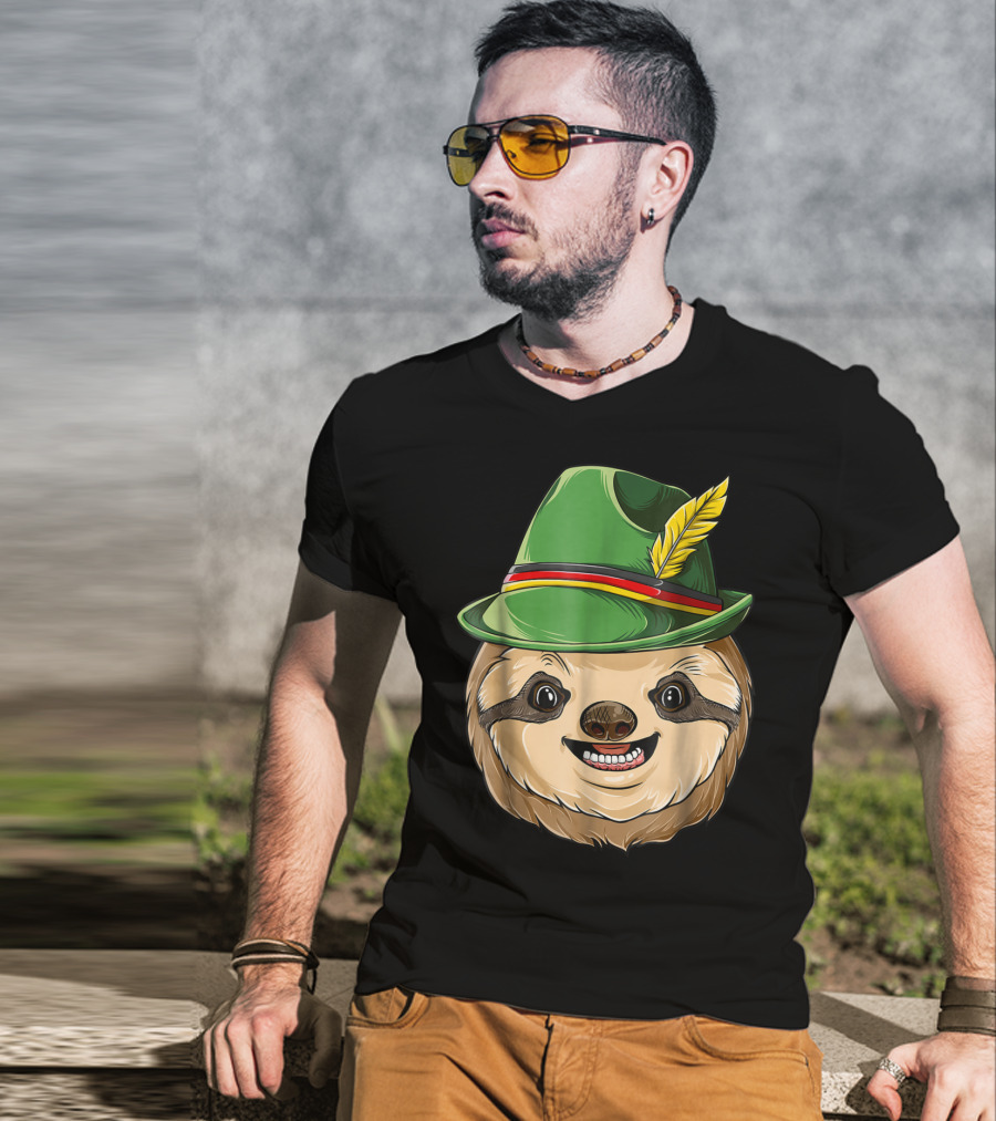 Sloth Oktoberfest Lederhosen Hat With Feather T-Shirt