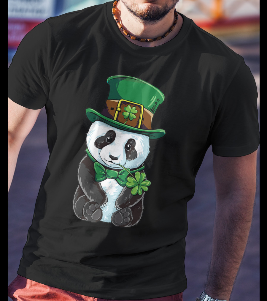 St Patricks Day Leprechaun Panda With Clover Cute Irish T-Shirt