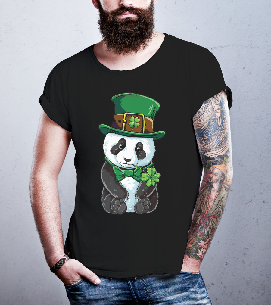 St Patricks Day Leprechaun Panda With Clover Cute Irish T-Shirt