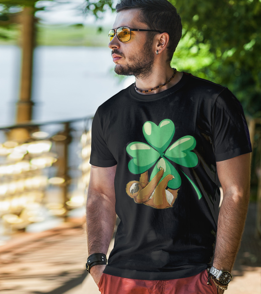 St Patricks Day Sloth Hugging Shamrock T-Shirt