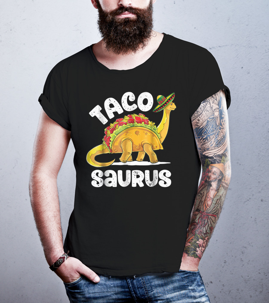Tacosaurus Dinosaur Wearing Sombrero With Taco Shell Saddle T-Shirt