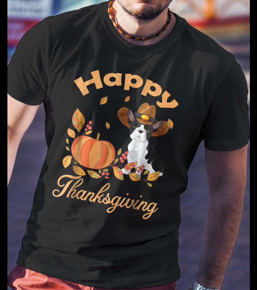 Happy Thanksgiving French Bulldogs Pilgrim Pumpkin Leaves T-Shirt