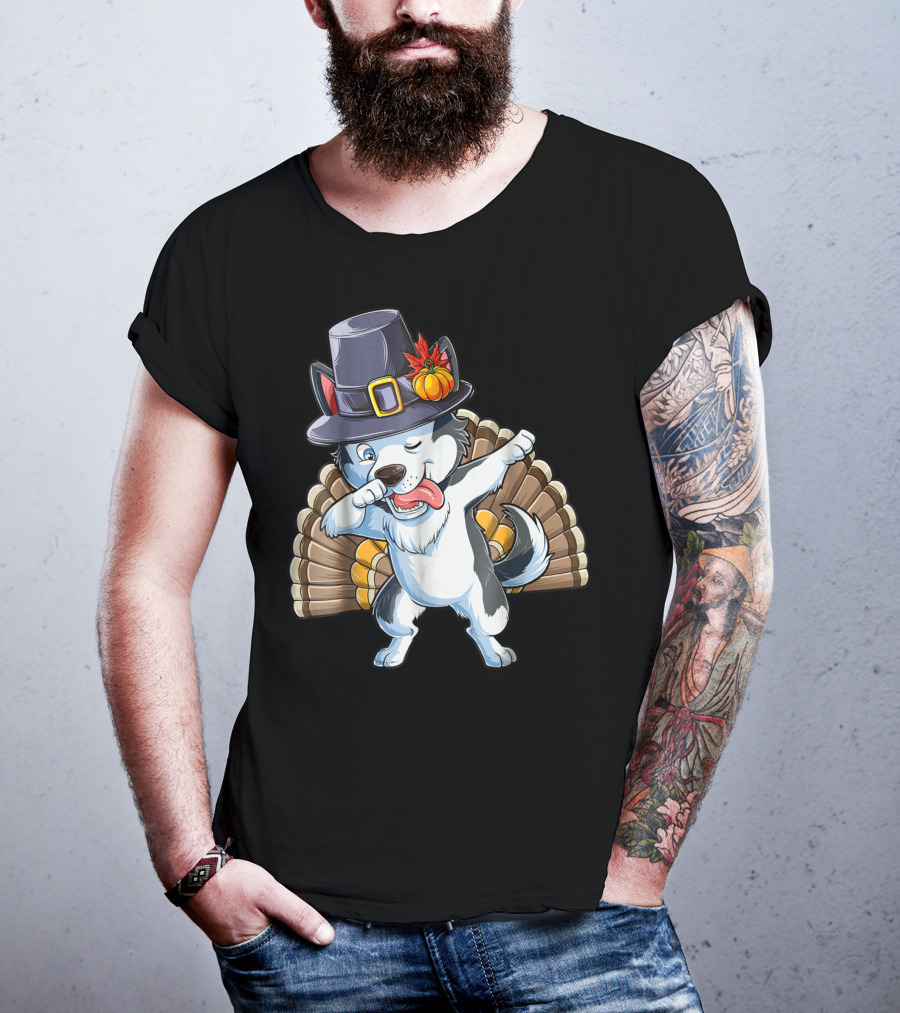 Thanksgiving Dabbing Siberian Husky In Pilgrim Hat With Turkey Feathers T-Shirt
