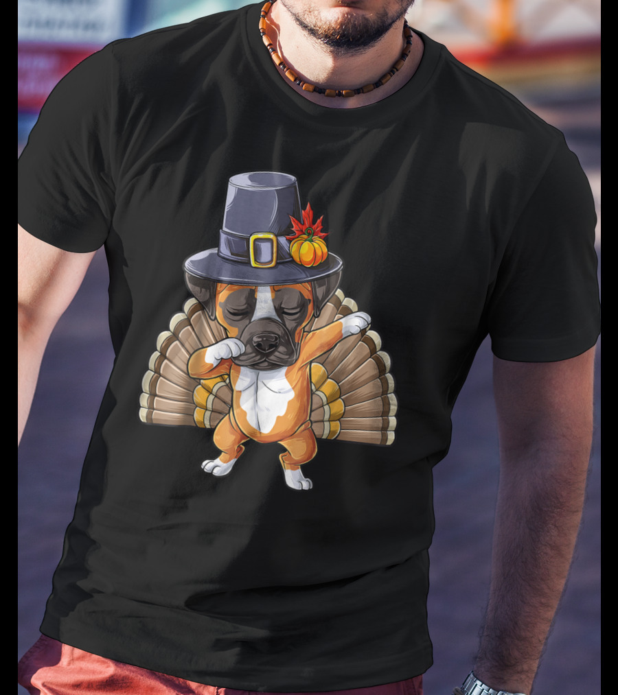 Thanksgiving Dabbing Boxer Turkey Dog In Pilgrim Hat T-Shirt