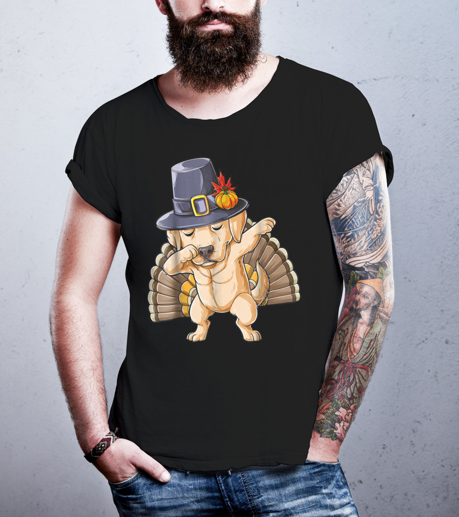 Thanksgiving Labrador Dabbing In Pilgrim Hat With Turkey Feathers T-Shirt