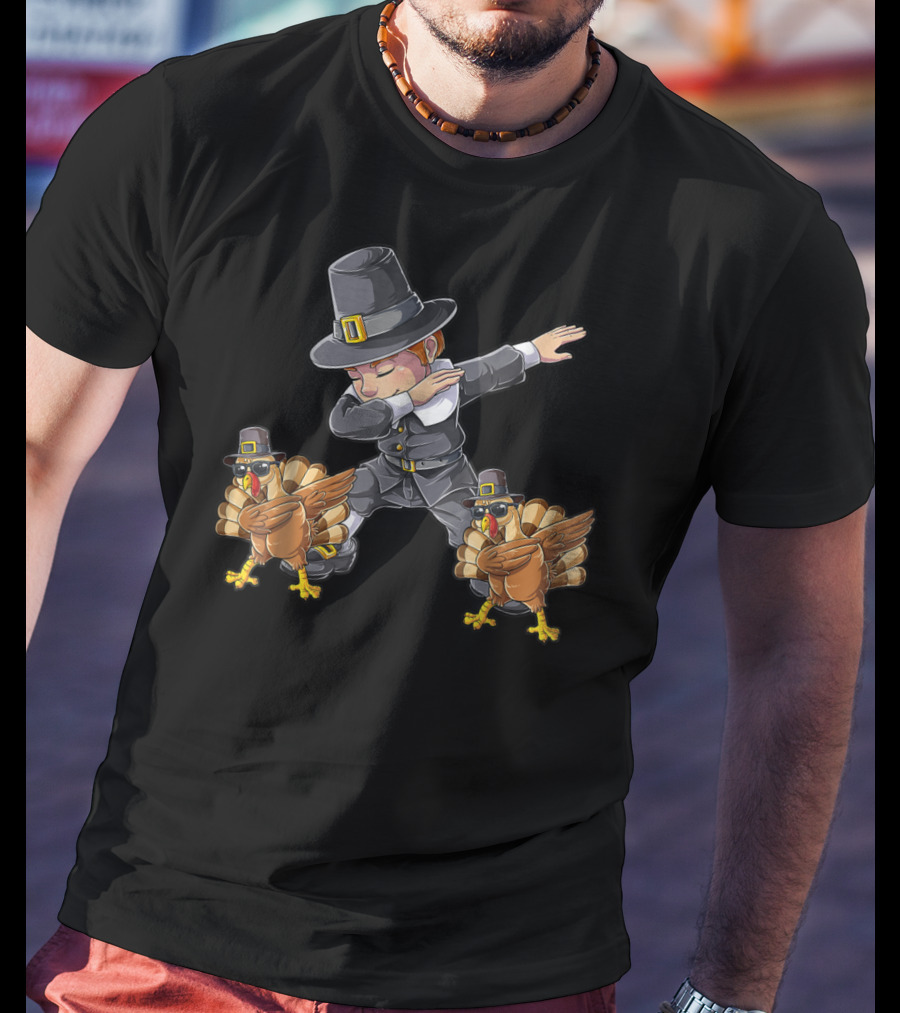 Thanksgiving Dabbing Pilgrim With Turkeys Kids UL T-Shirt