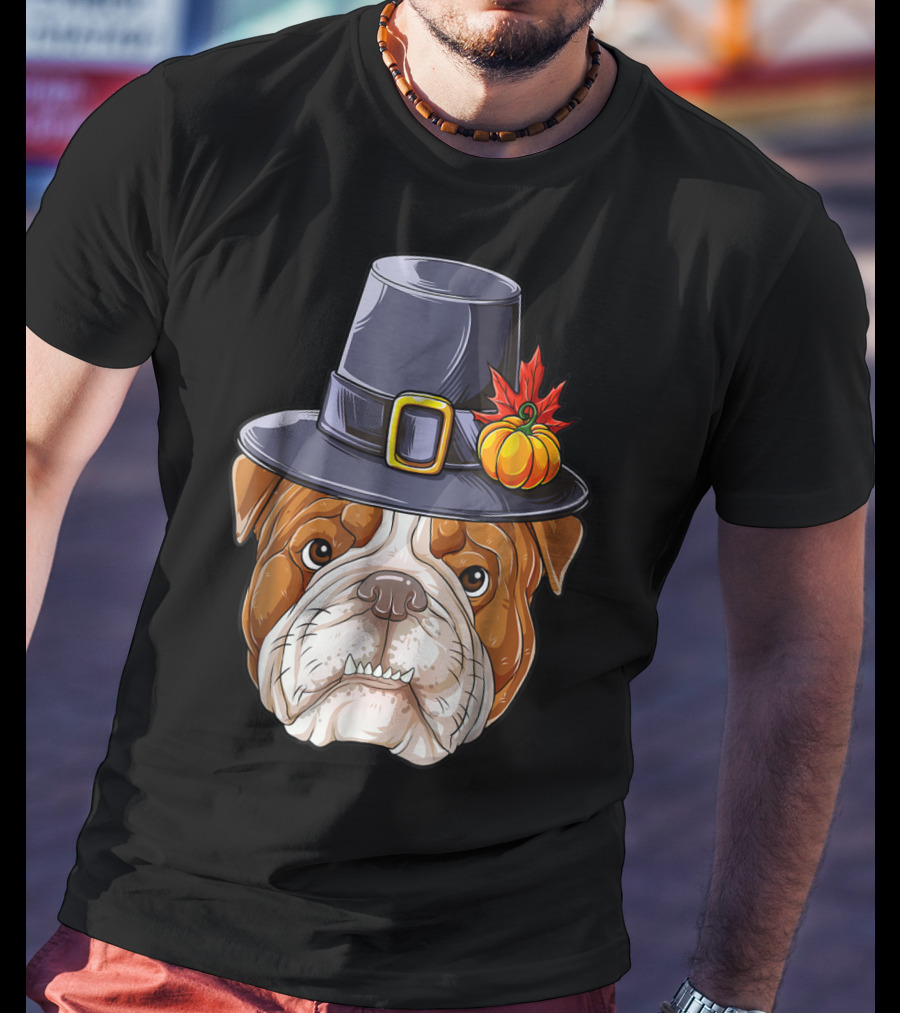 Thanksgiving Kids English Bulldog Pilgrim Hat Pumpkin Maple Leaf T-Shirt