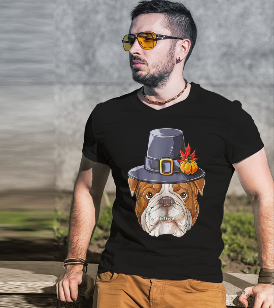 Thanksgiving Kids English Bulldog Pilgrim Hat Pumpkin Maple Leaf T-Shirt