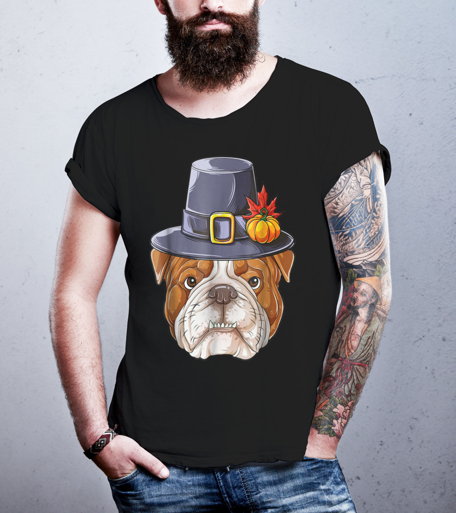 Thanksgiving Kids English Bulldog Pilgrim Hat Pumpkin Maple Leaf T-Shirt