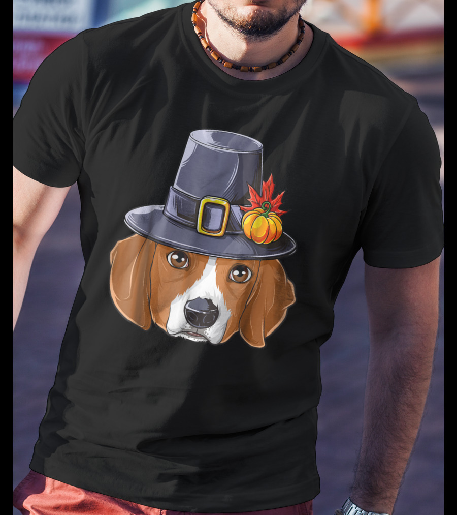 Thanksgiving Beagle Pilgrim Hat Pumpkin Leaf T-Shirt
