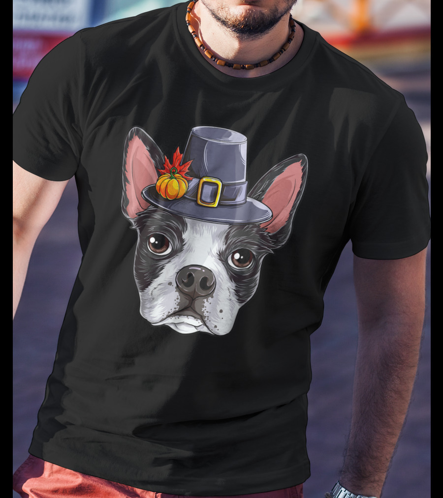 Thanksgiving Boston Terrier Pilgrim Hat Pumpkin T-Shirt