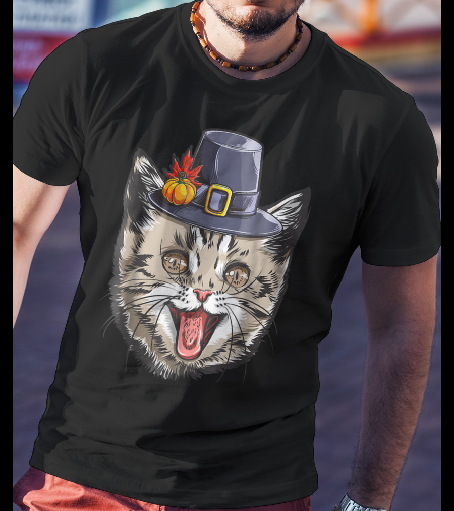 Thanksgiving Cat Pilgrim With Pumpkin Hat IY T-Shirt