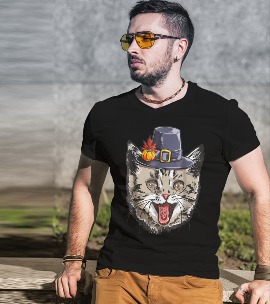 Thanksgiving Cat Pilgrim With Pumpkin Hat IY T-Shirt