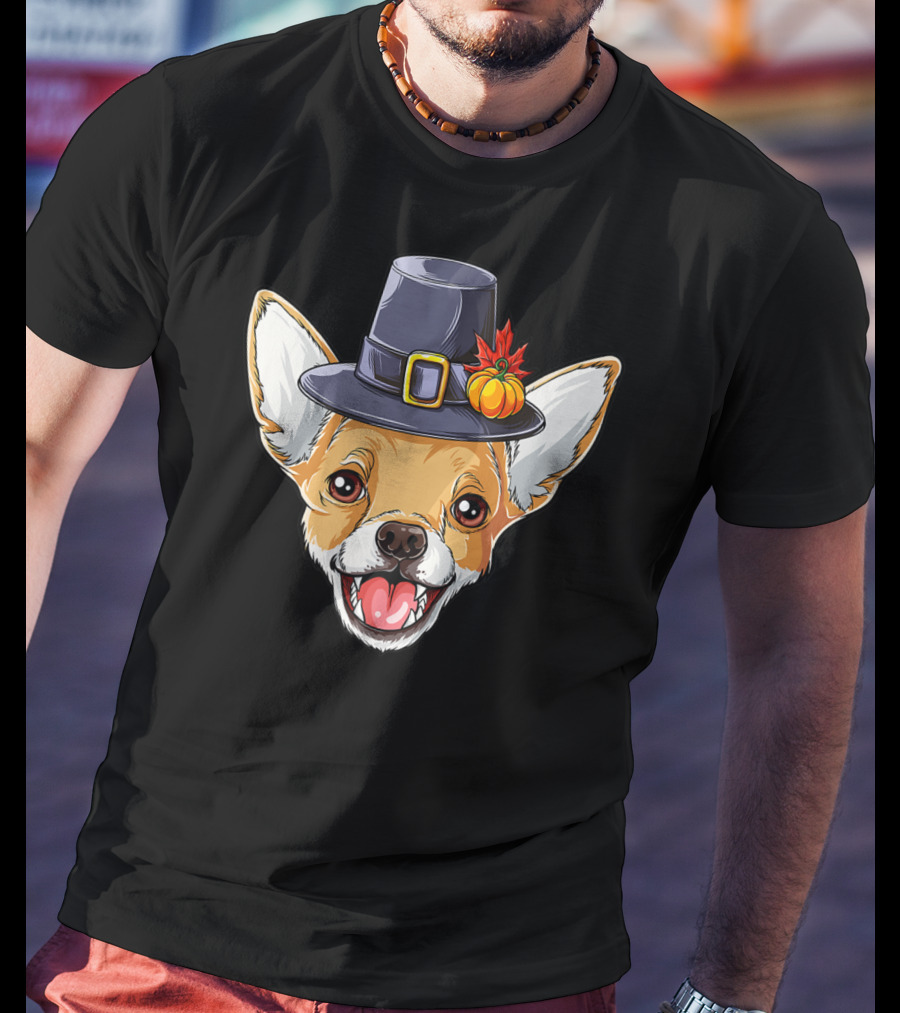 Pilgrim Hat Chihuahua With Thanksgiving Pumpkin And Leaf T-Shirt