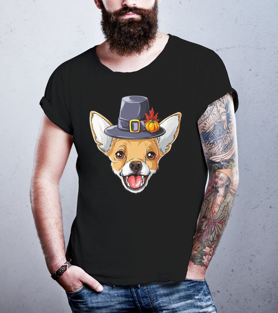 Pilgrim Hat Chihuahua With Thanksgiving Pumpkin And Leaf T-Shirt