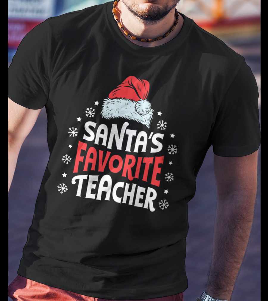 Santa's Favorite Teacher Christmas Women Funny Santa Hat Snowflakes T-Shirt