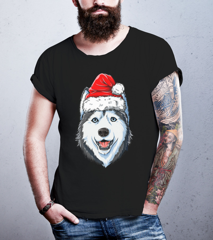 Siberian Husky Santa Christmas Hat Holiday Dog Festive T-Shirt