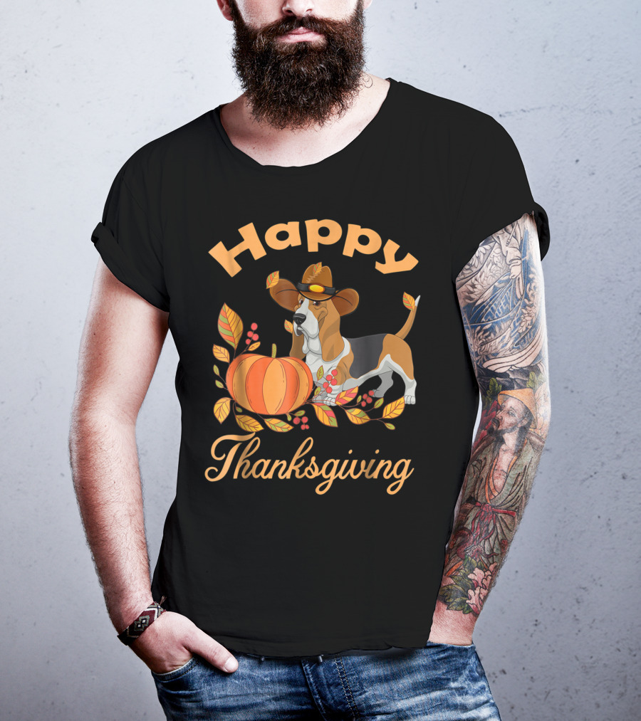 Happy Thanksgiving Basset Hound With Pumpkin And Pilgrim Hat T-Shirt