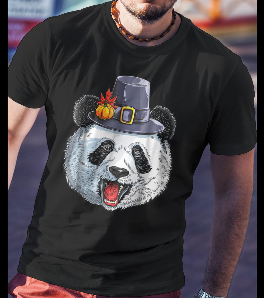 Thanksgiving Panda In Pilgrim Hat With Pumpkin And Leaves T-Shirt