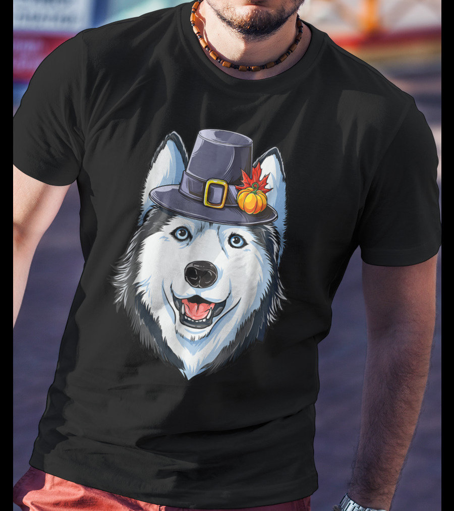 Thanksgiving Pilgrim Hat Siberian Husky With Pumpkin And Maple Leaf T-Shirt