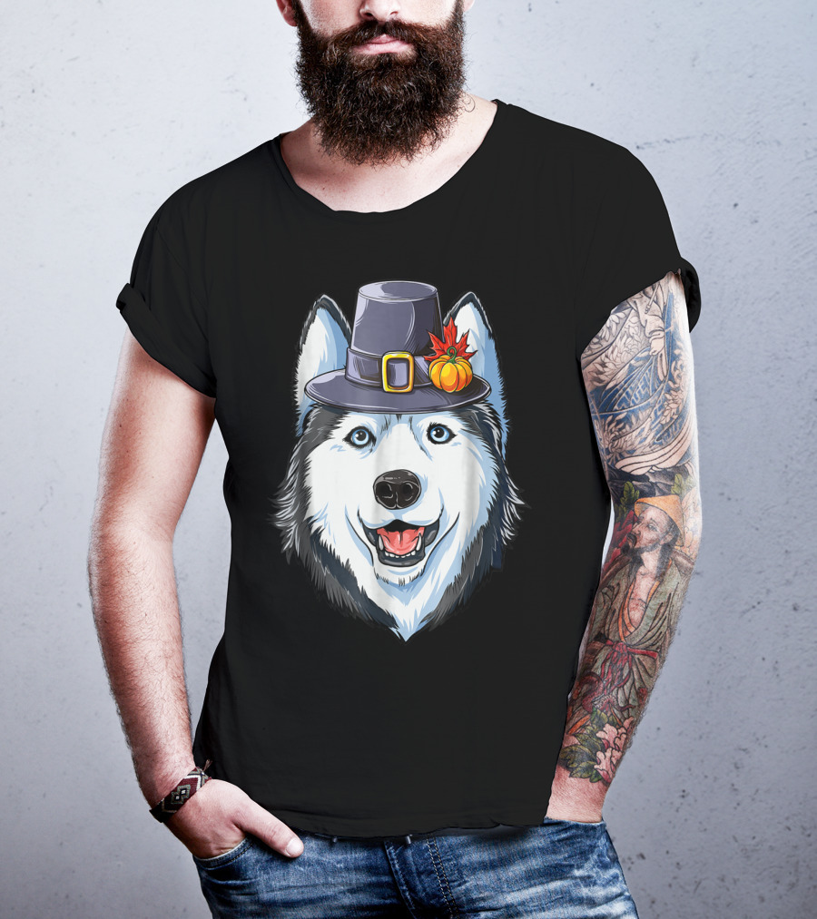 Thanksgiving Pilgrim Hat Siberian Husky With Pumpkin And Maple Leaf T-Shirt