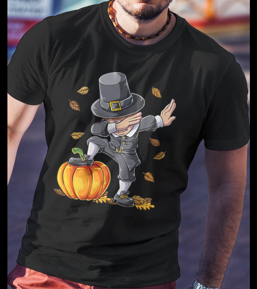 Thanksgiving Dabbing Pilgrim Boy Pumpkin Autumn Leaves T-Shirt