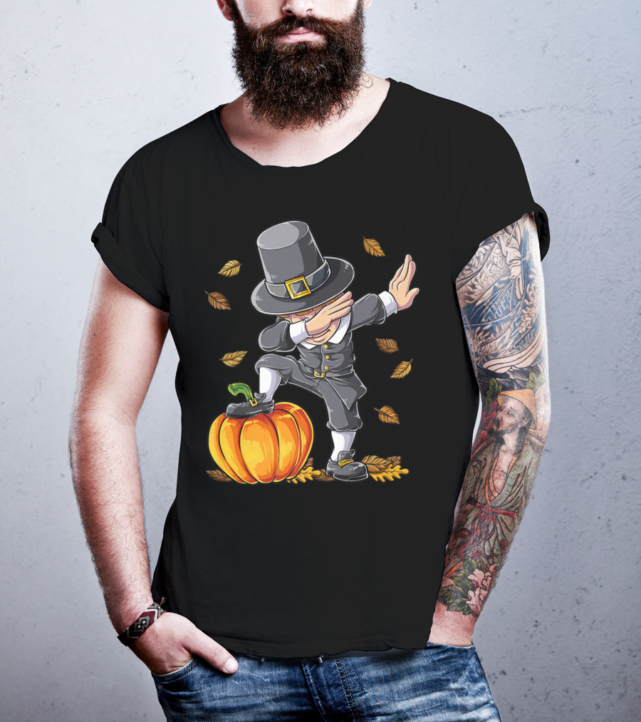 Thanksgiving Dabbing Pilgrim Boy Pumpkin Autumn Leaves T-Shirt