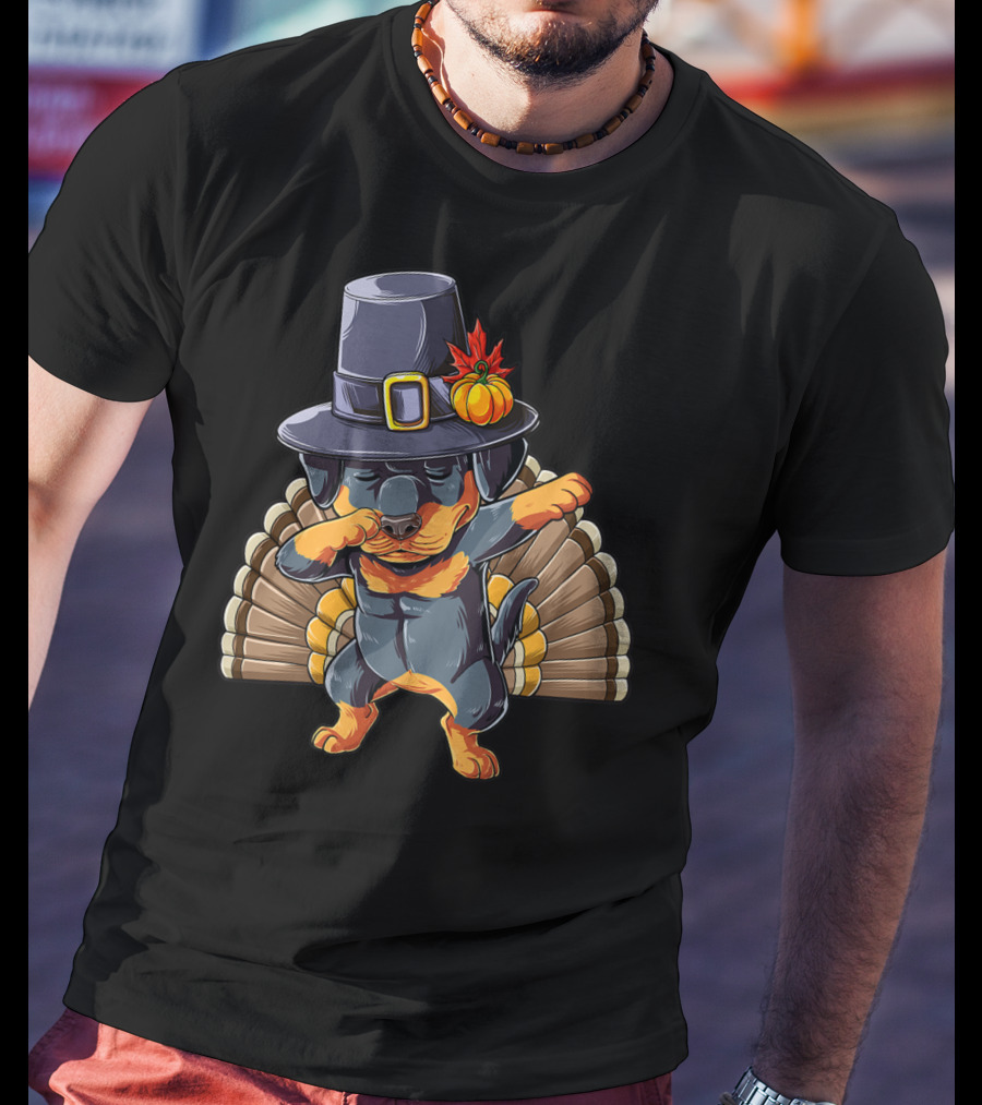 Thanksgiving Dabbing Rottweiler In Pilgrim Hat With Turkey Feathers T-Shirt