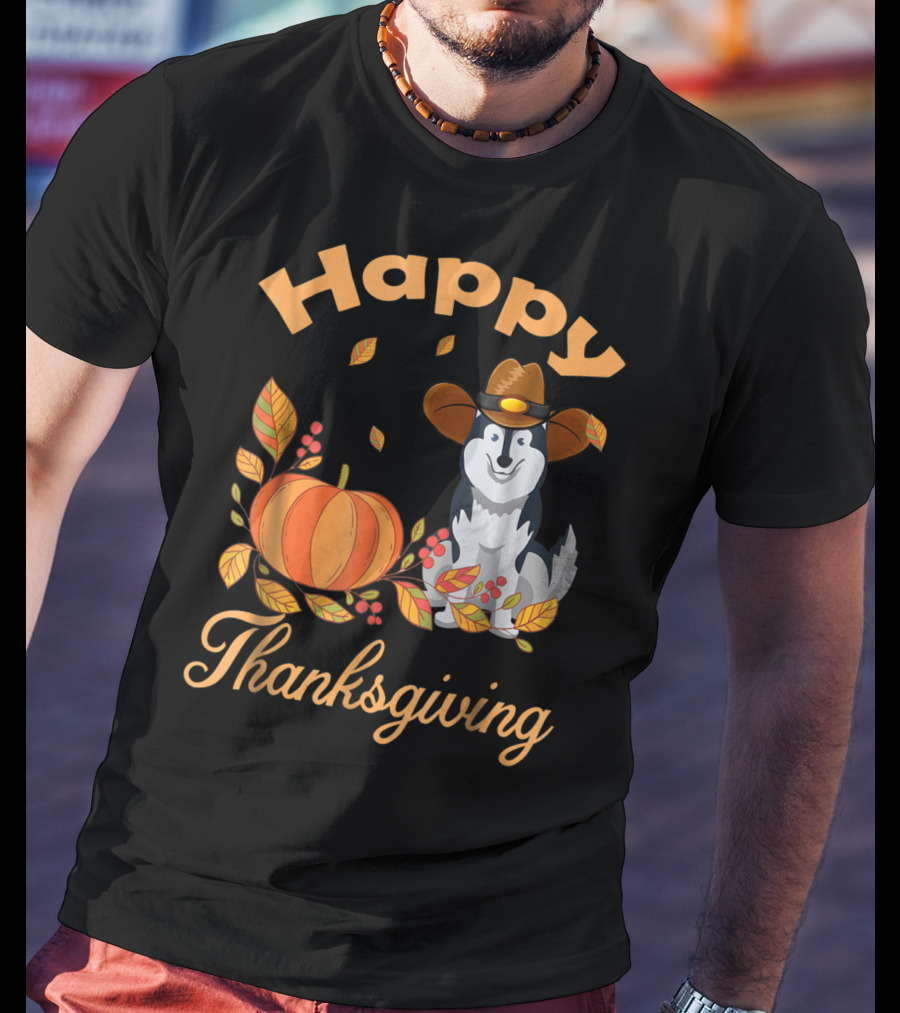 Happy Thanksgiving Siberian Husky With Pumpkin And Fall Leaves T-Shirt