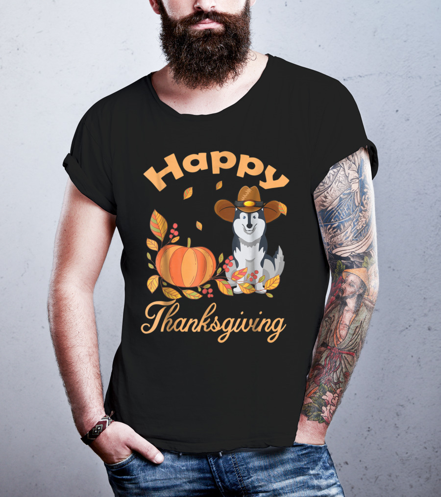 Happy Thanksgiving Siberian Husky With Pumpkin And Fall Leaves T-Shirt