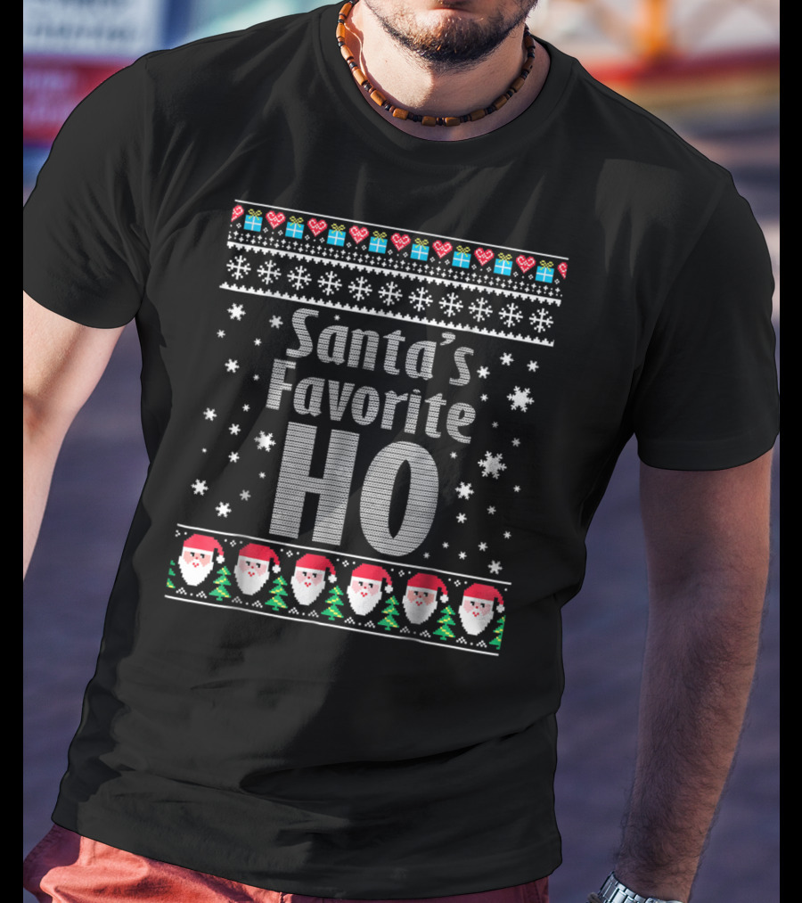 Santa's Favorite Ho Christmas Sweater Style Snowflakes And Santa Faces T-Shirt