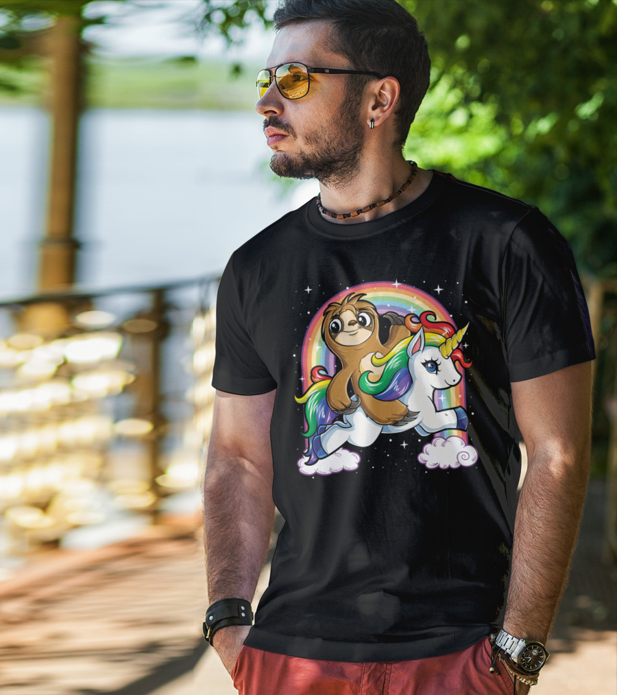 Sloth Riding Unicorn Rainbow Slothicorn Women Kids Fun T-Shirt
