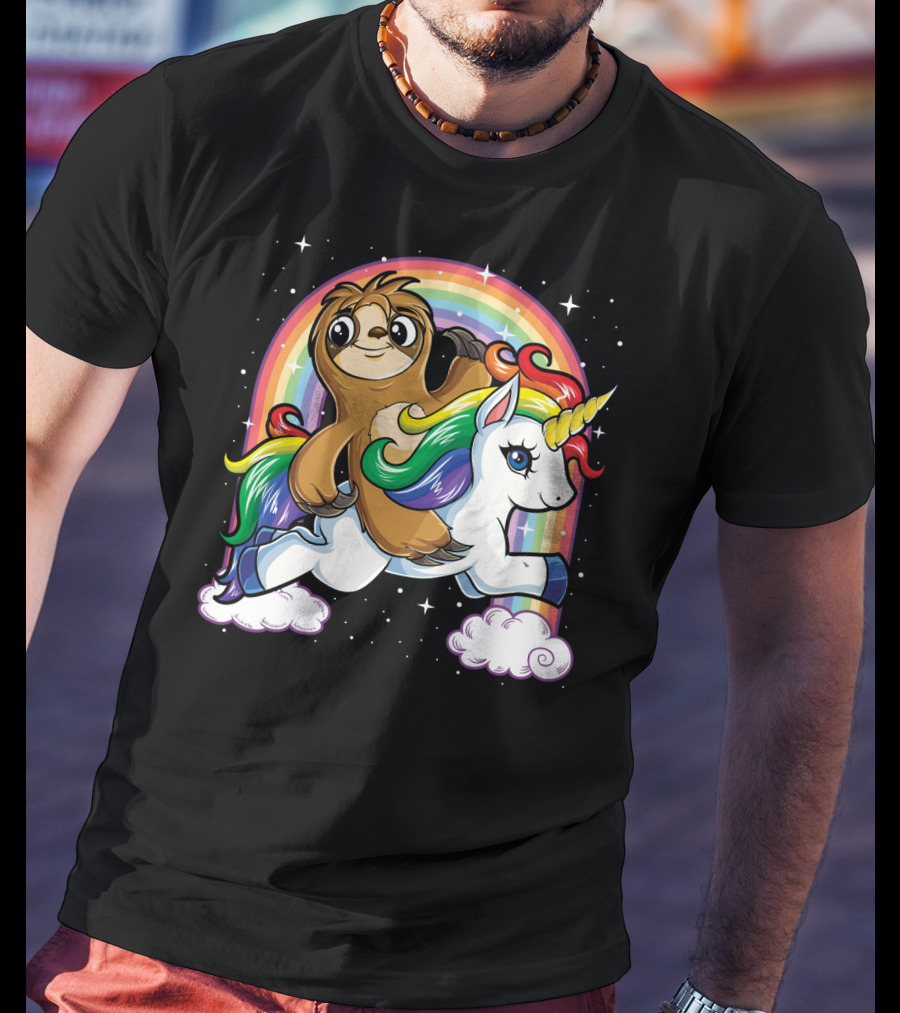 Sloth Riding Unicorn Rainbow Slothicorn Women Kids Fun T-Shirt